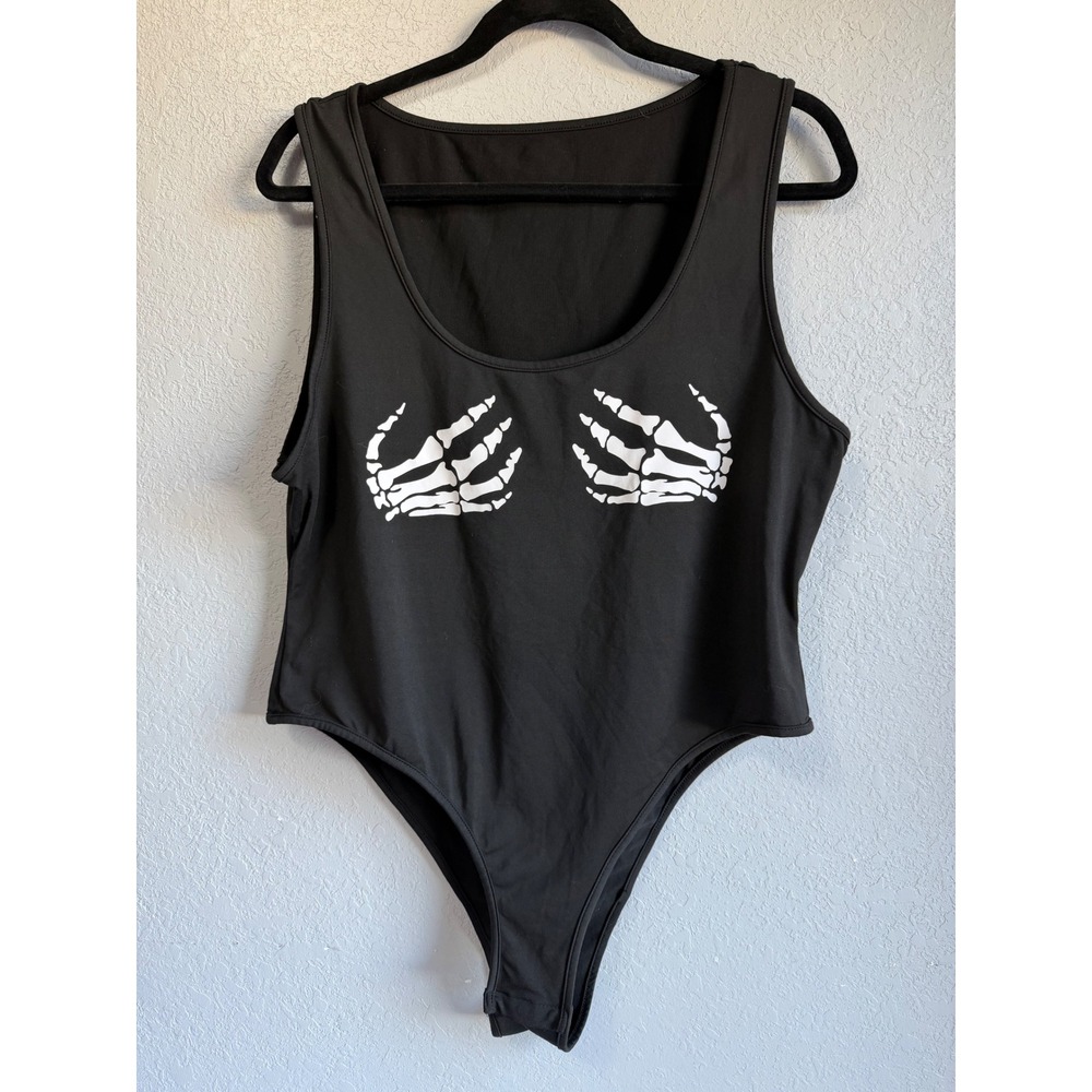 Skeleton Hands Graphic Bodysuit Black Snap Closure Halloween Goth XL READ